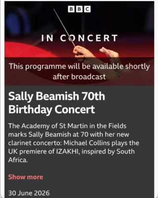 Michael Collins recently gave the UK premiere of Sally Beamish's basset clarinet concerto IZAKHI with the Academy of St Martin in the Fields as part of her 70th birthday celebrations.

The concert will be broadcast on BBC Radio 3 this evening
bbc.co.uk/programmes/m002y2r5

The concert was reviewed by Paul Conway for Seen and Heard International

“Ably fulfilling the roles of soloist and director, Collins had the full measure of IZAKHI. His final, sustained note brought a superbly controlled diminuendo, ensuring the piece faded imperceptibly into silence, a spellbinding stroke that concluded a performance of rare insight and responsiveness that took full advantage of the extended expressive range afforded by the solo instrument.”

“Michael Collins brought a wistful, supplicatory quality to his wide-ranging solo lines, making this movement an affecting span of stillness and devotion.”

Read the full review here:
seenandheard-international.com/2026/06/asmfs-joyful-celebration-of-the-70th-birthday-of-sally-beamish

@collinsclarinet @bbcradio3 @sallybeamishmusic @asmf_orchestra