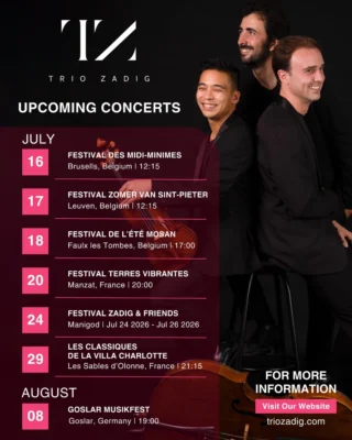 Trio Zadig continues their summer tour with a concert today at the Festival Des Midi-Minimes in Brussels, Belgium.

Further details about their forthcoming concerts can be found on their website 
triozadig.com

📸: @amauryviduvier

@triozadig